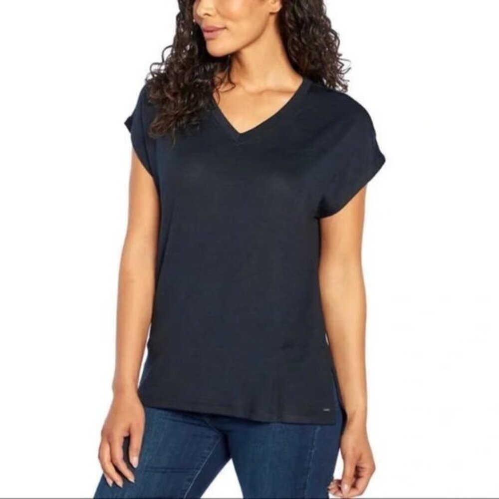Orvis Black V Neck  Short Cap Sleeve Knit Pullover Sweater Side Slits Size Small